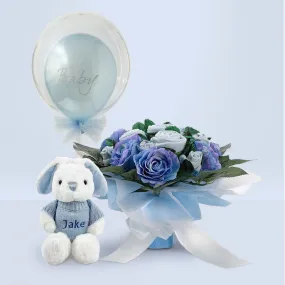 Luxury Rose Baby Clothes Bouquet, Balloon and Personalised Bunny, Blue