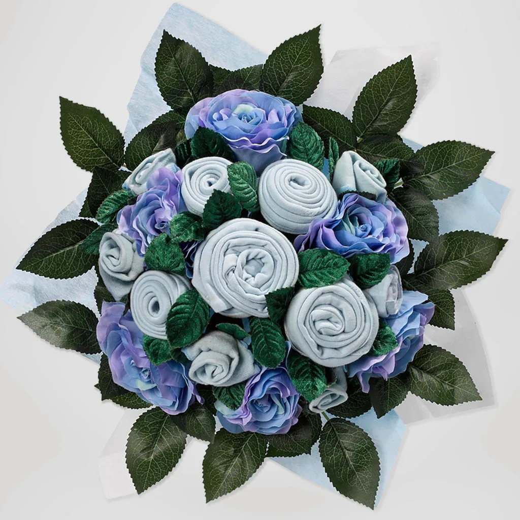 Luxury Rose Baby Clothes Bouquet, Balloon and Personalised Bunny, Blue