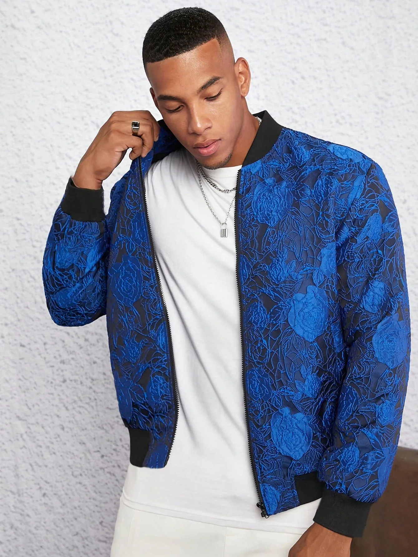 Men Floral Jacquard Zip Up Bomber Jacket