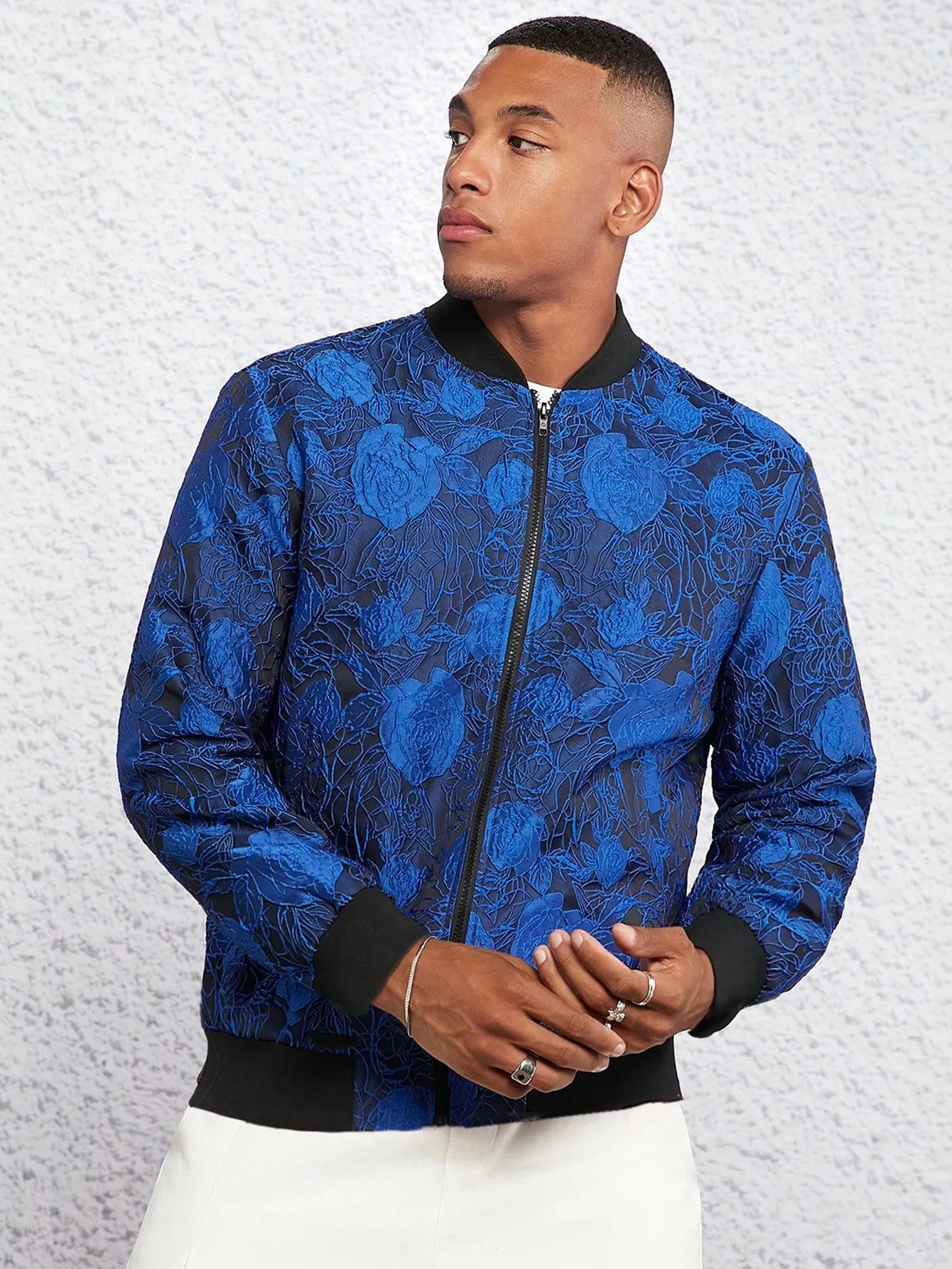 Men Floral Jacquard Zip Up Bomber Jacket