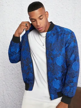 Men Floral Jacquard Zip Up Bomber Jacket