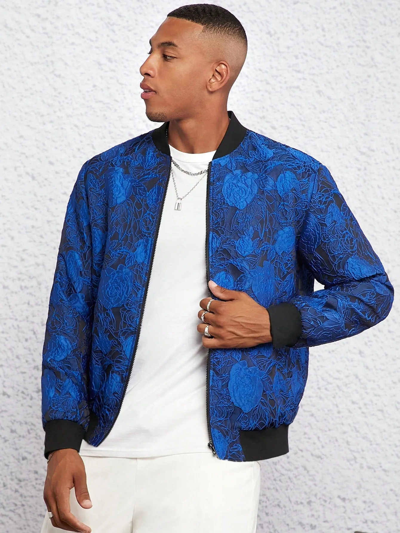 Men Floral Jacquard Zip Up Bomber Jacket