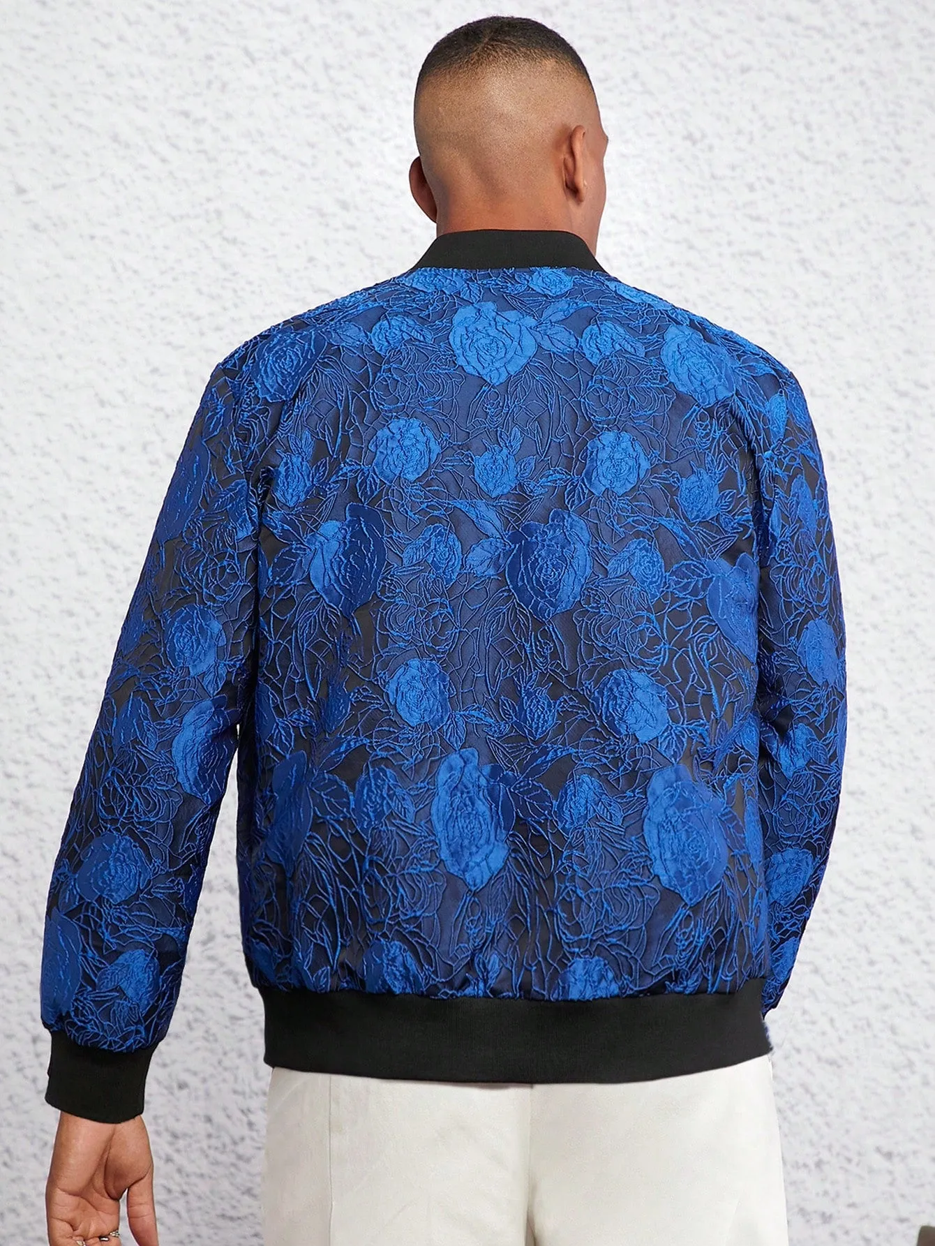 Men Floral Jacquard Zip Up Bomber Jacket