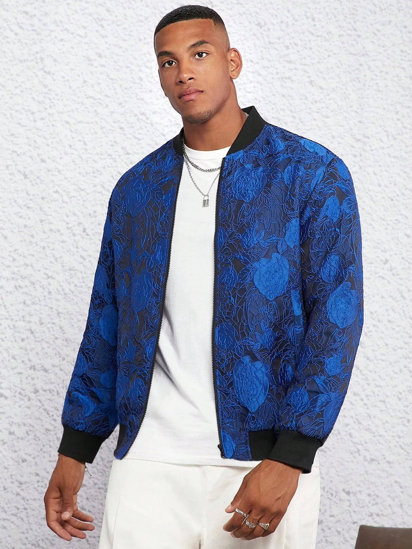 Men Floral Jacquard Zip Up Bomber Jacket
