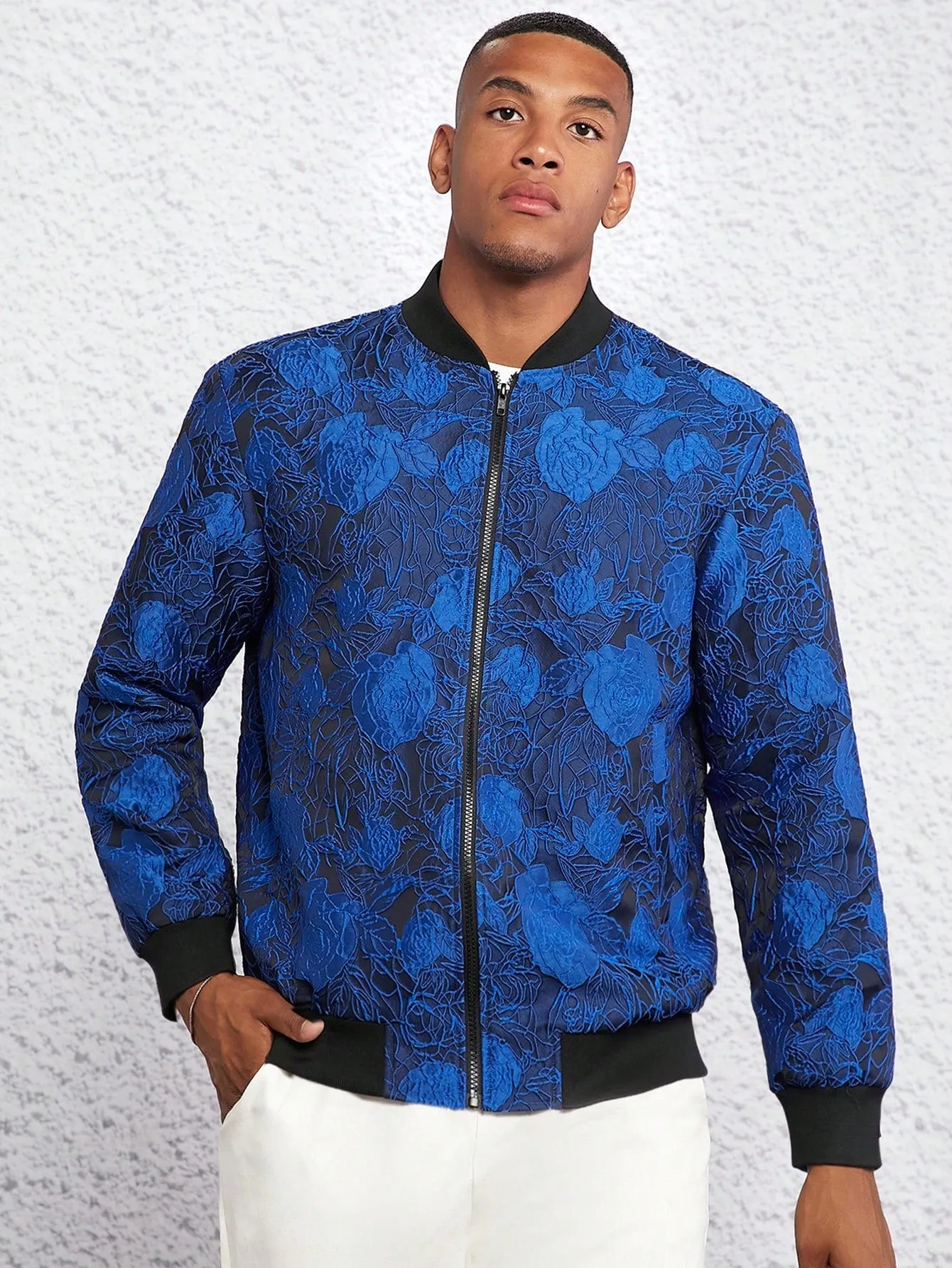 Men Floral Jacquard Zip Up Bomber Jacket