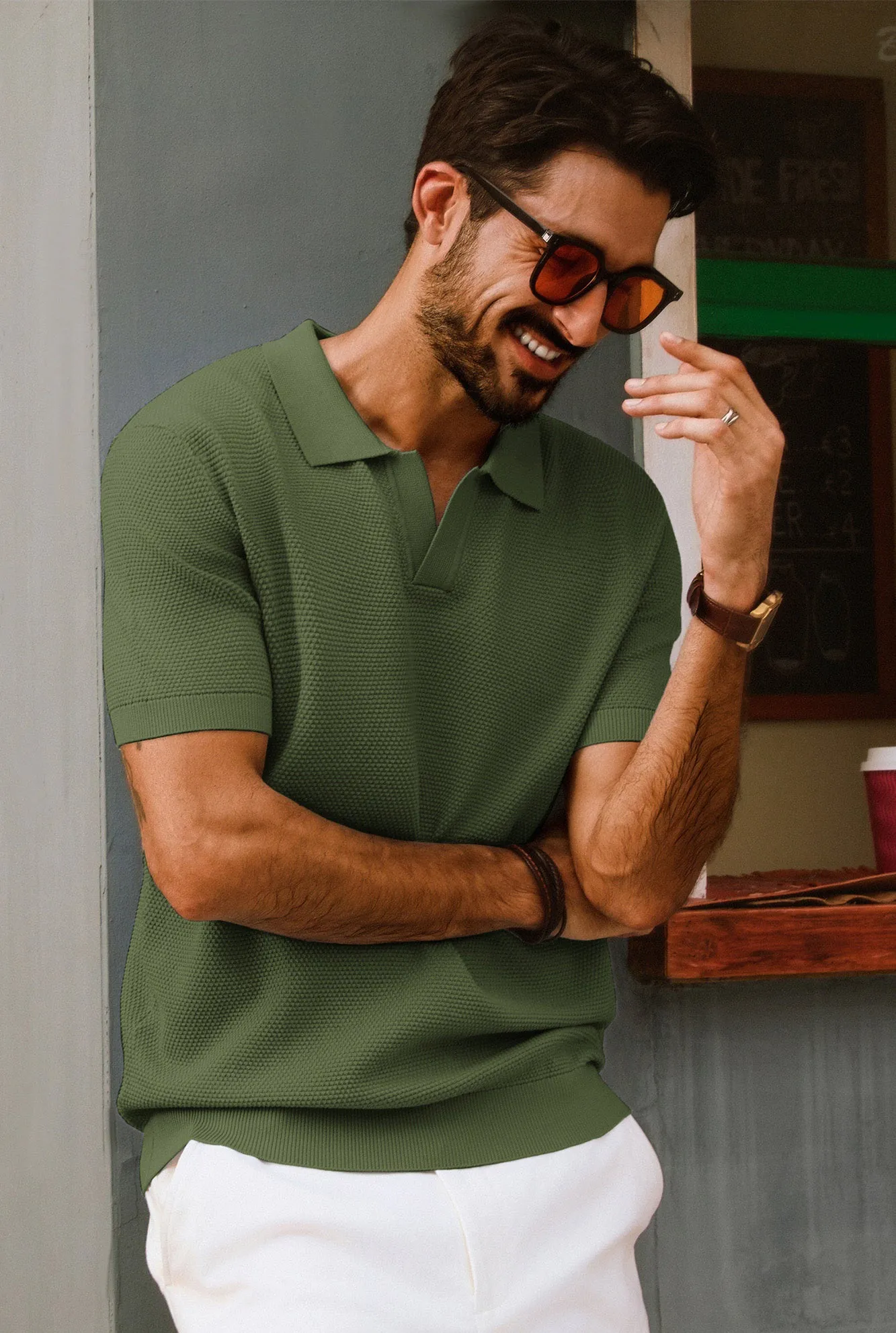 Men Pineapple Textured Polo-Shirt Short Sleeve Lapel Collar Knitwear Tops