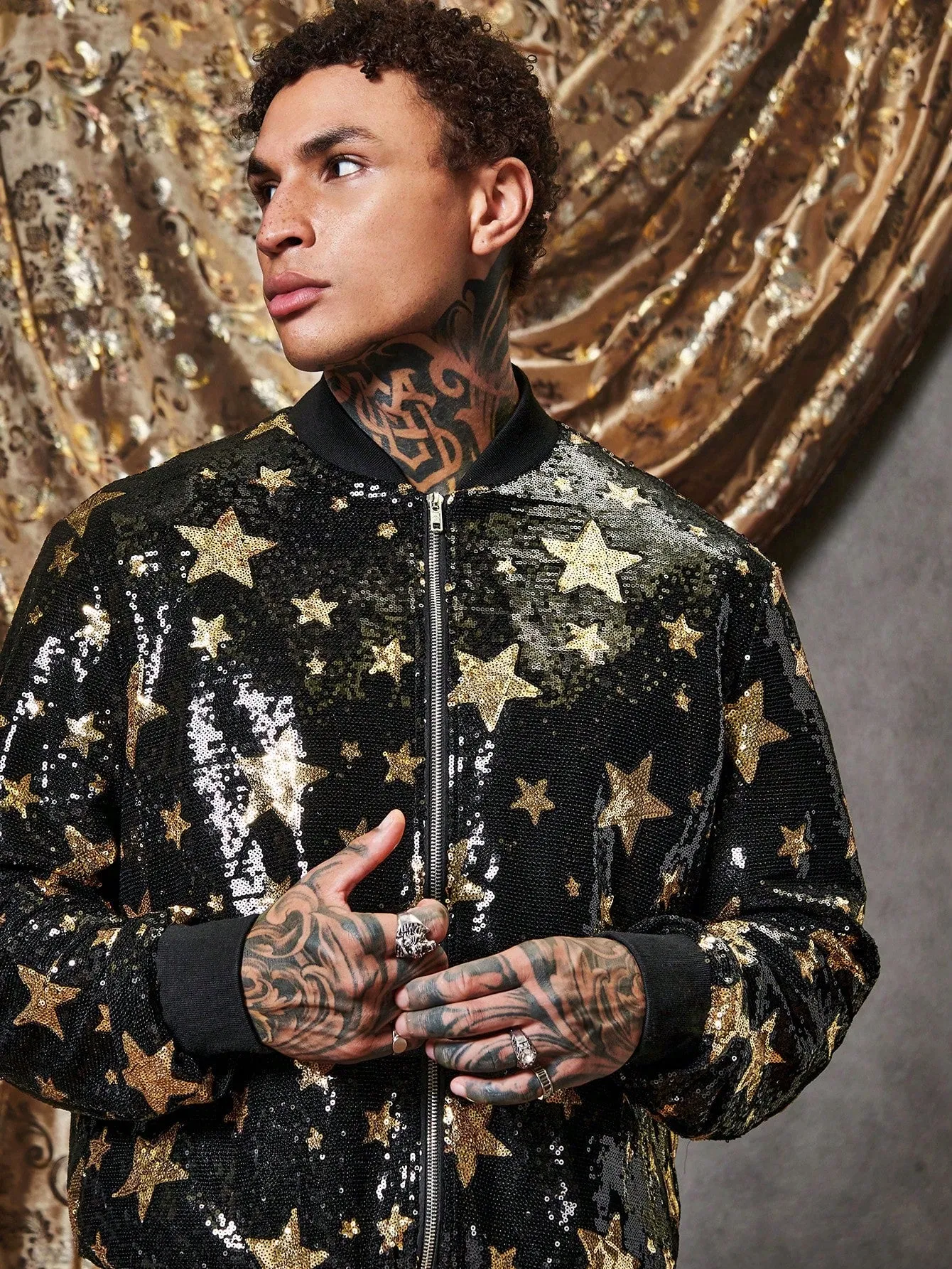 Men Star Print Zip Up Sequin Jacket