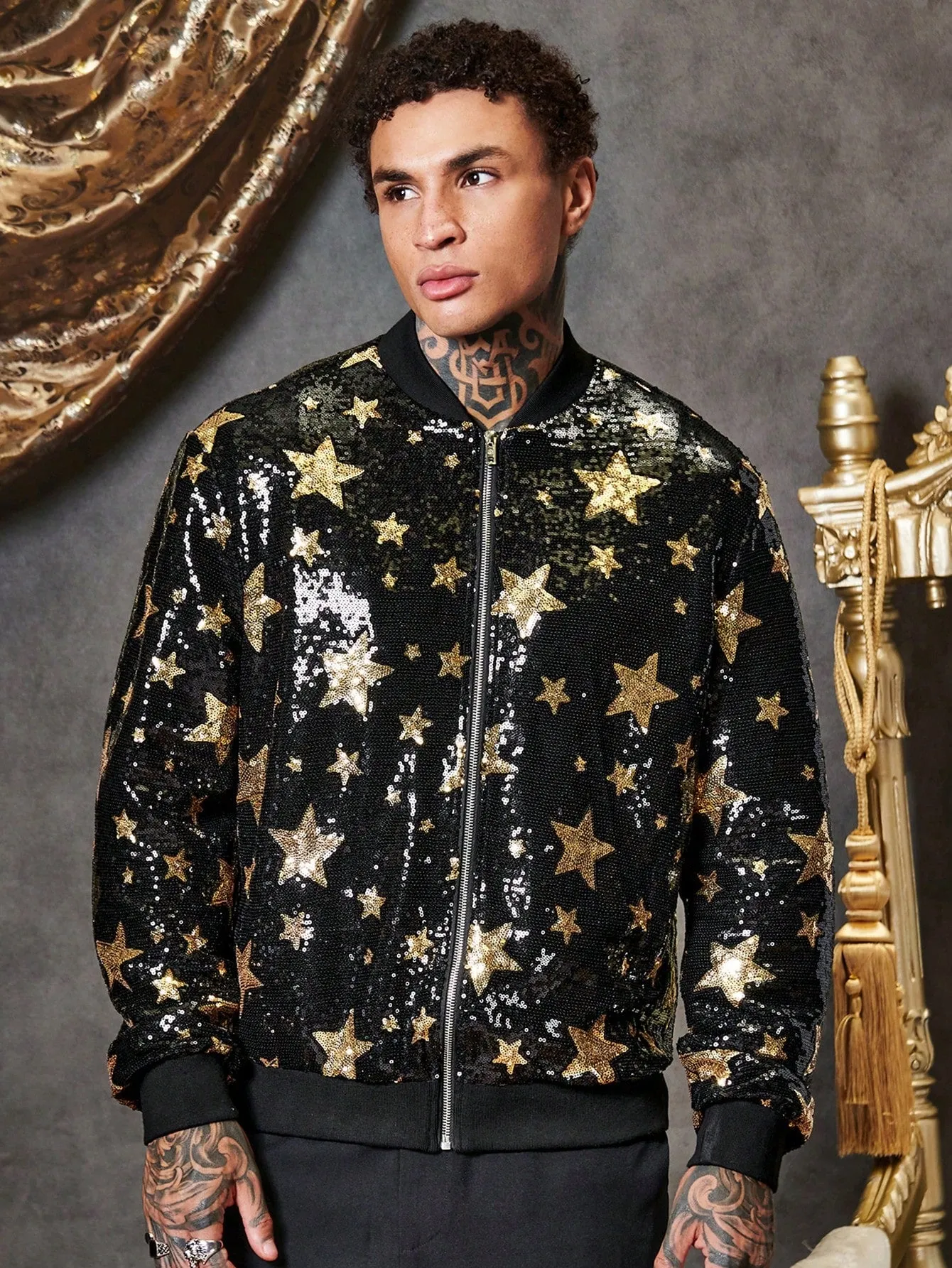 Men Star Print Zip Up Sequin Jacket