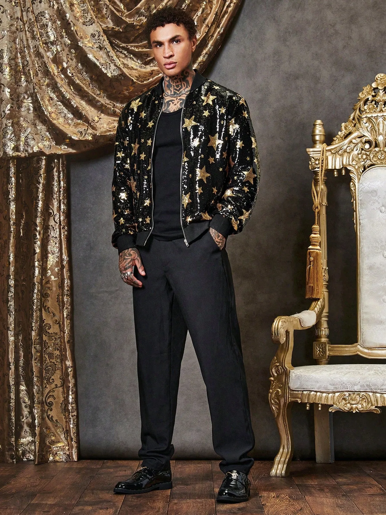 Men Star Print Zip Up Sequin Jacket