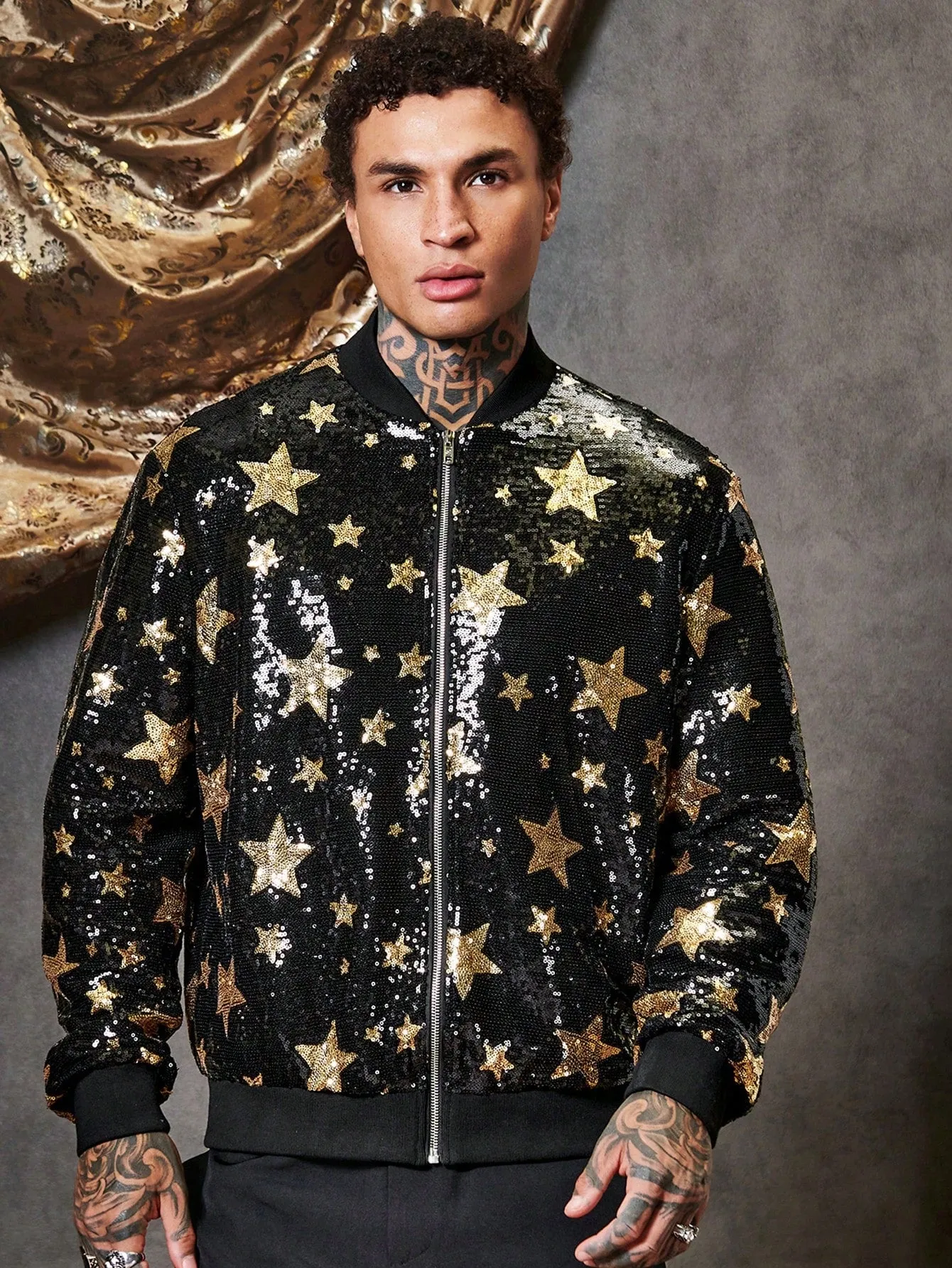 Men Star Print Zip Up Sequin Jacket