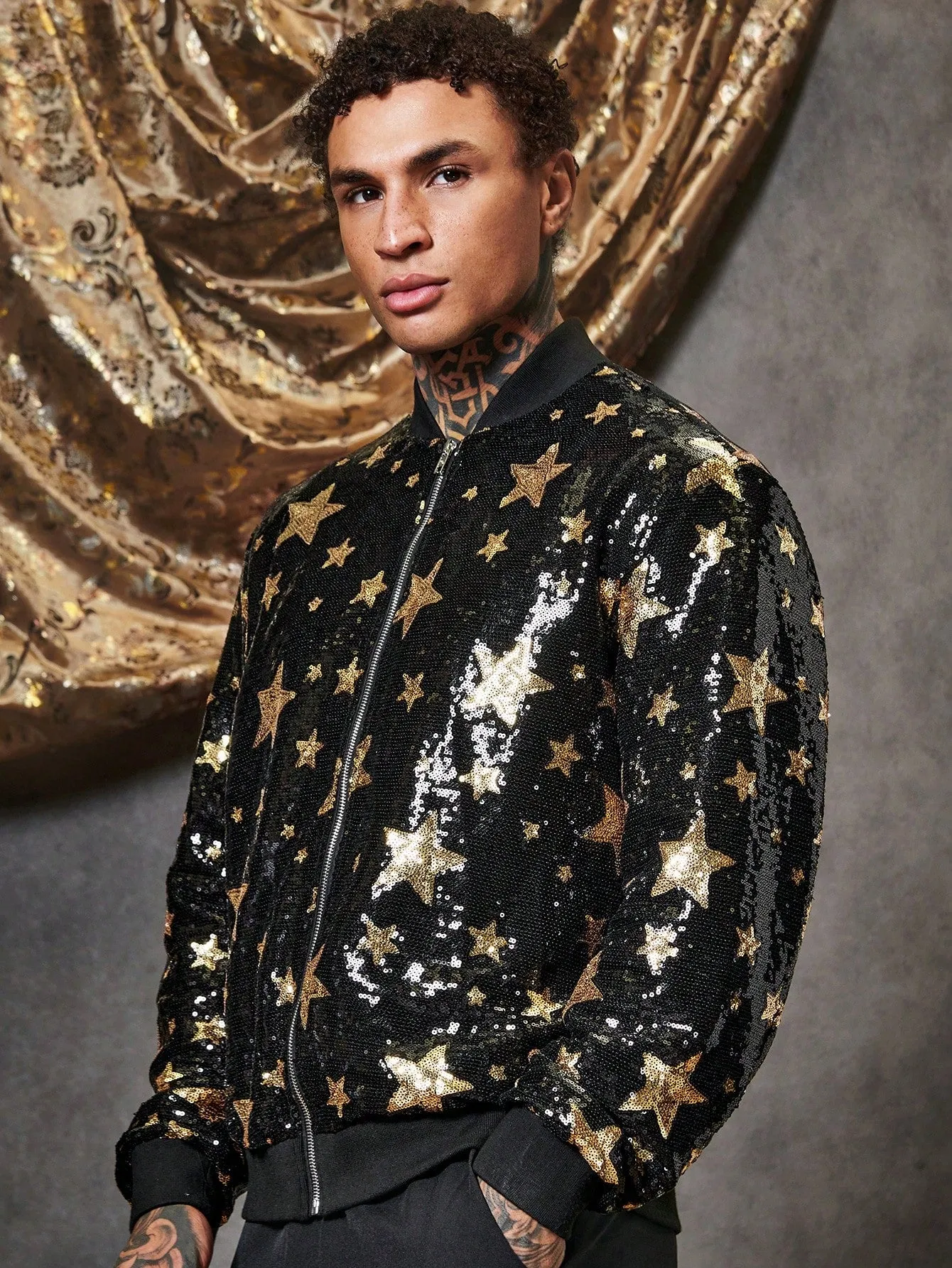 Men Star Print Zip Up Sequin Jacket