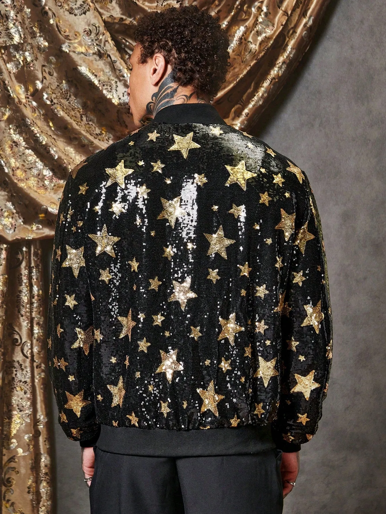 Men Star Print Zip Up Sequin Jacket