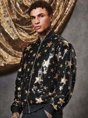 Men Star Print Zip Up Sequin Jacket