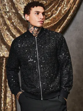 Men Zip Up Sequin Bomber Jacket