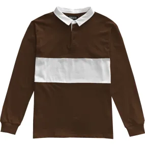 Mens Brown and White Striped Long Sleeve Polo Rugby Shirt