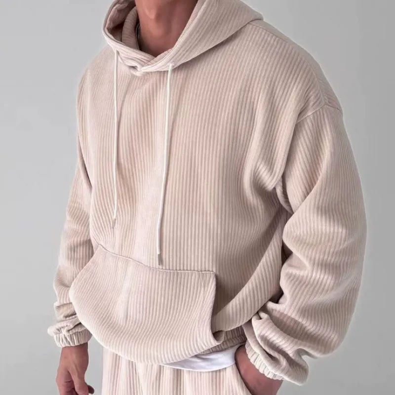 Men's Casual Corduroy Kangaroo Pocket Long Sleeve Hoodie 56682697Y