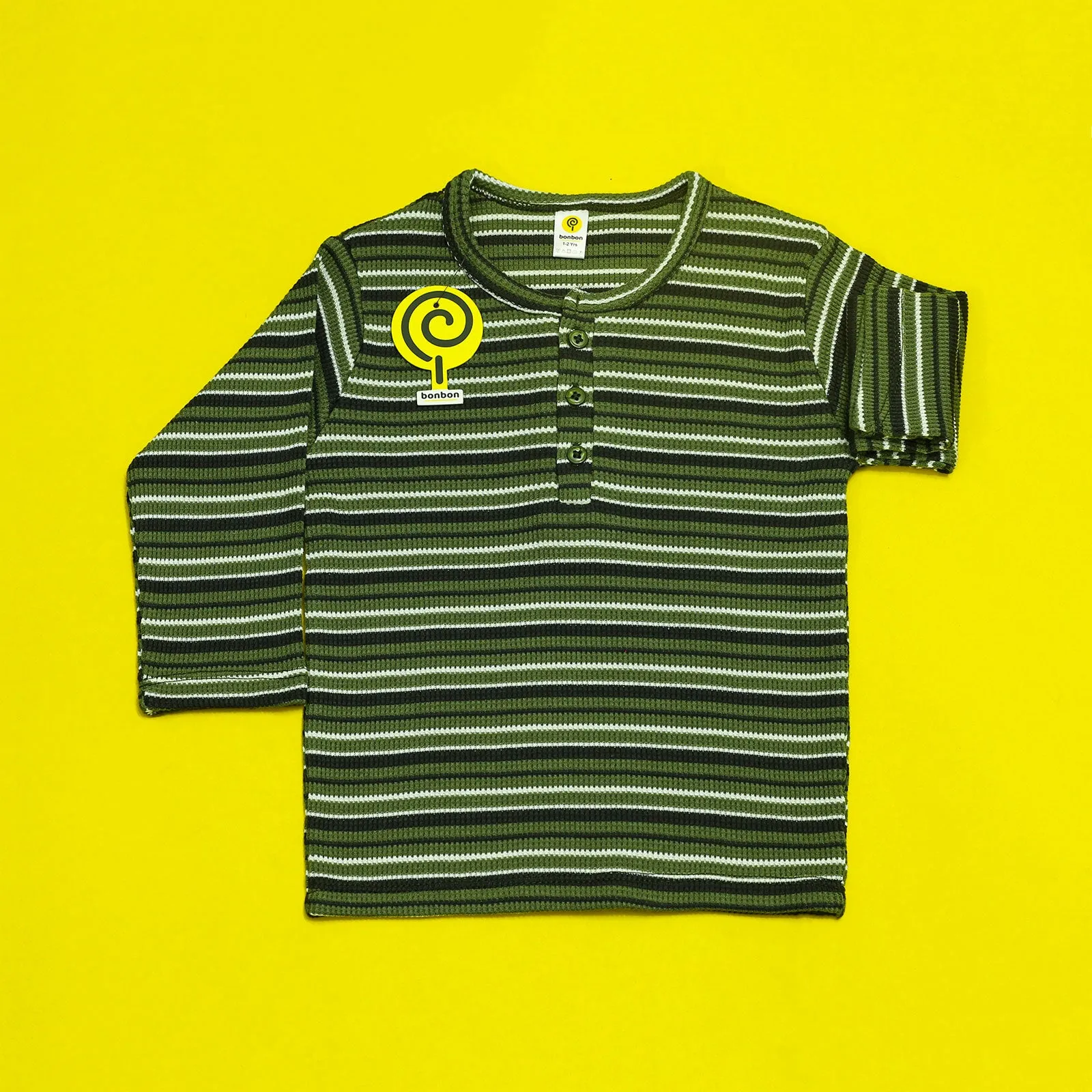Moss Green Striped Waffle-knit Henley