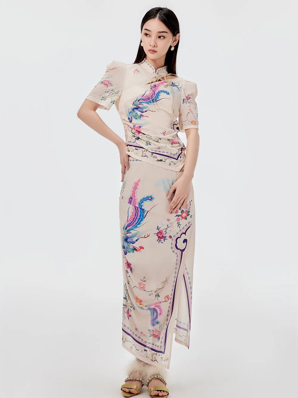 MUKZIN Chinese Style Small Stand Collar Printed Hollow Short T-shirt