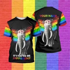 Personalized 3D Pride Shirt, Lgbt It's Ok To Be Different Rainbow Color Butterfly Ear Elephant 3D Shirt