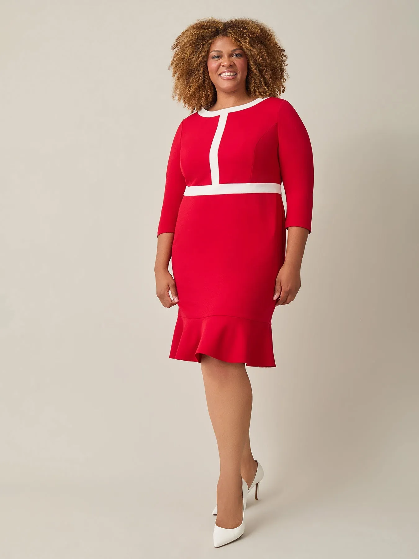 Plus Colorblock Ruffle Hem Dress, Crimson/Cream