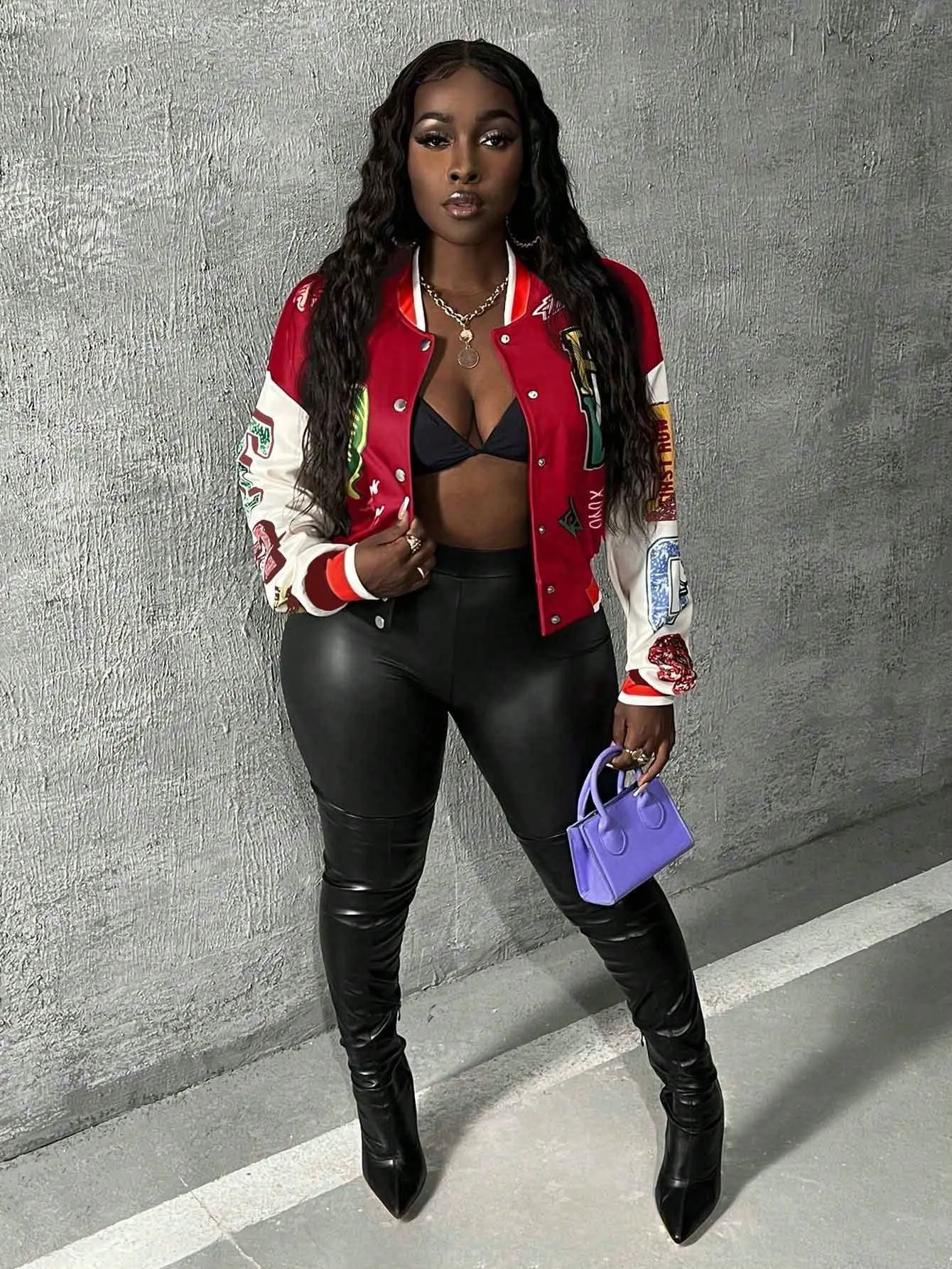 Print Pattern Color Blocking Baseball Jacket