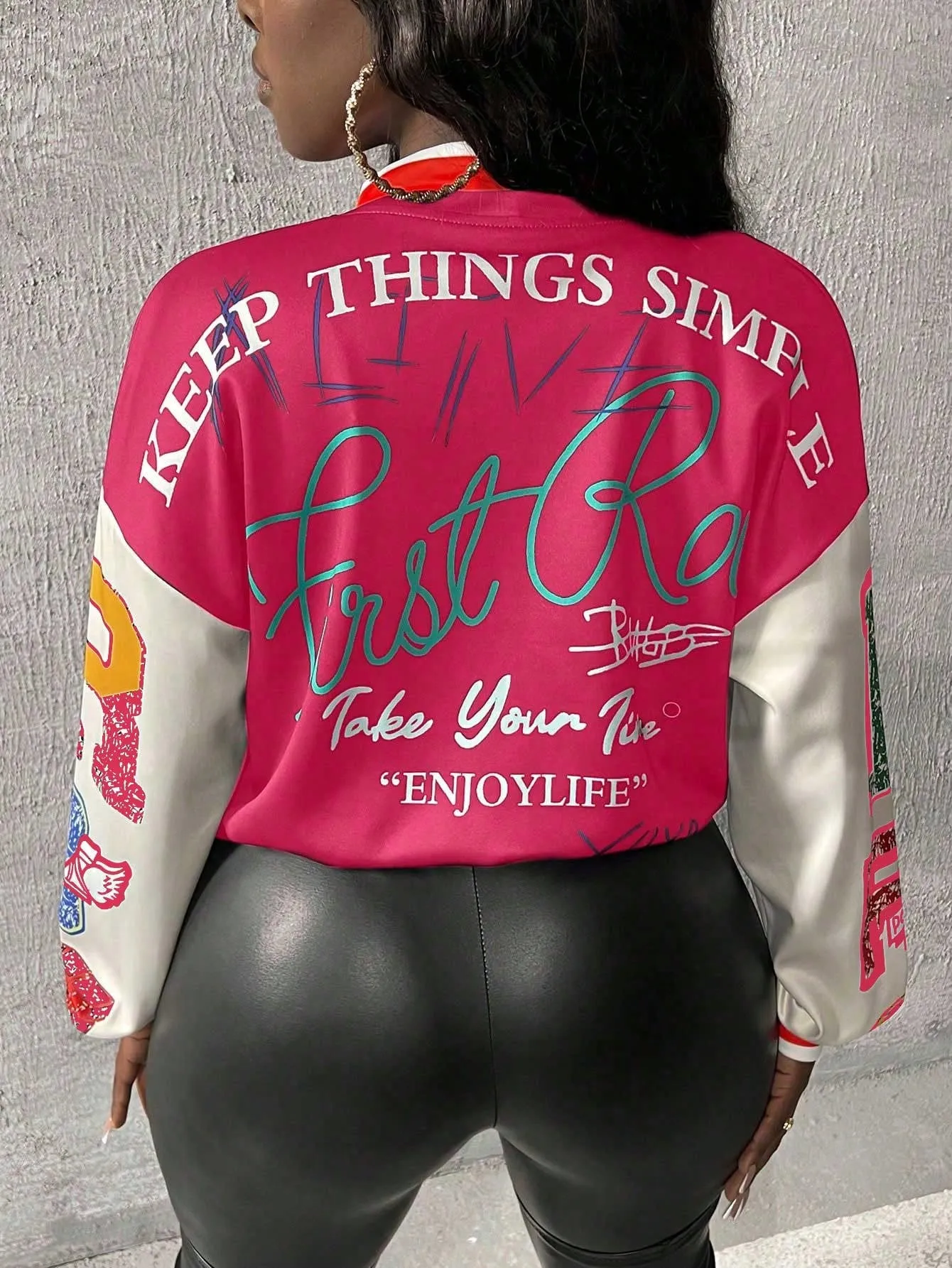 Print Pattern Color Blocking Baseball Jacket