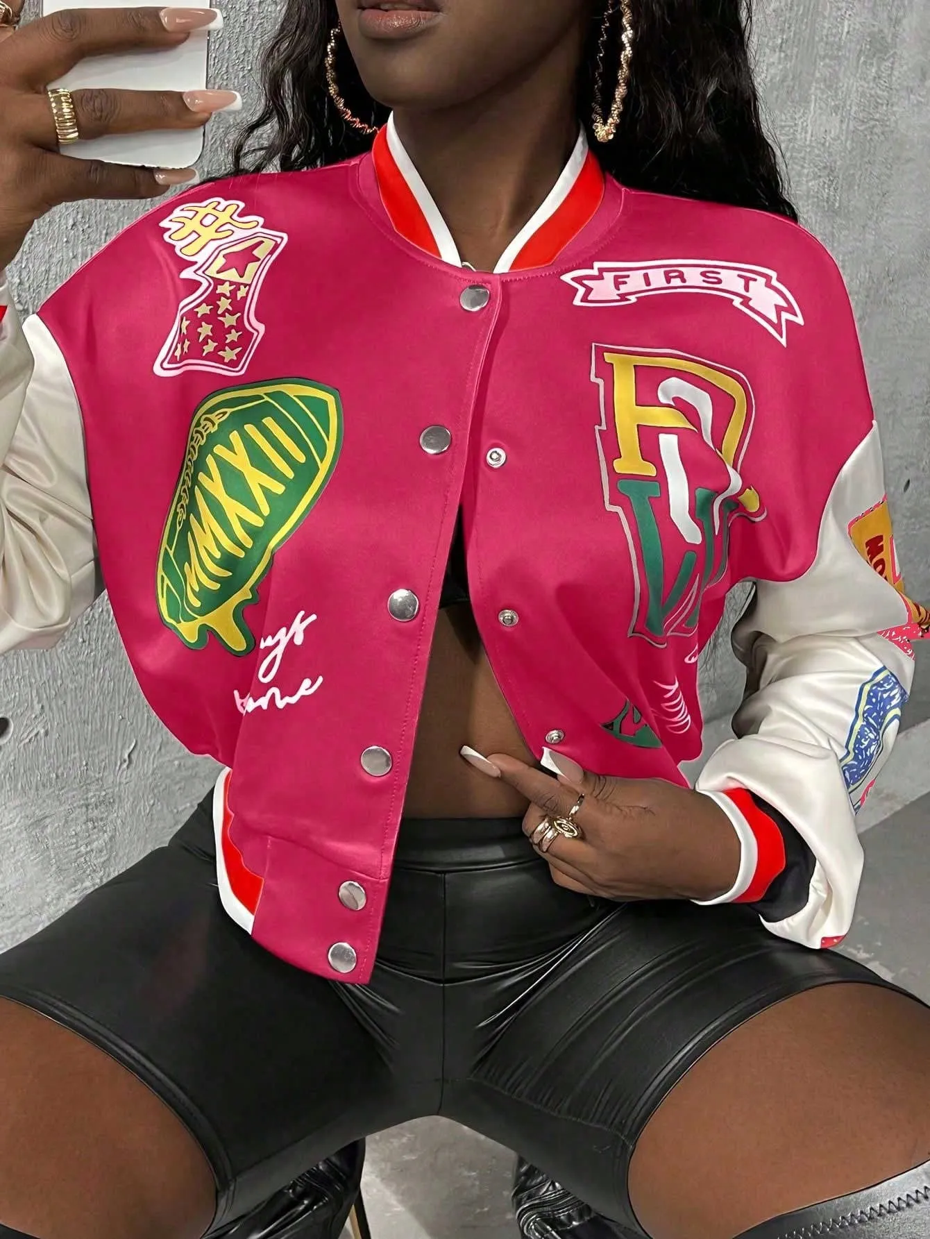 Print Pattern Color Blocking Baseball Jacket