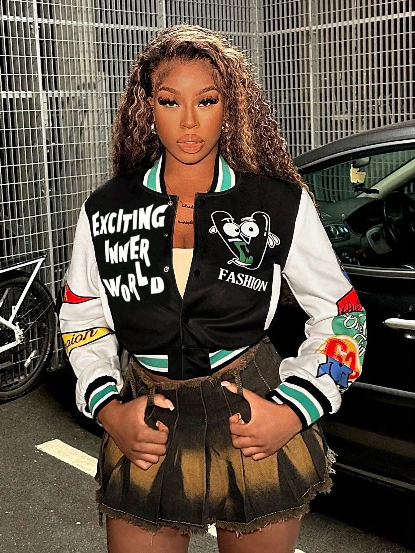 Print Pattern Color Blocking Baseball Jacket