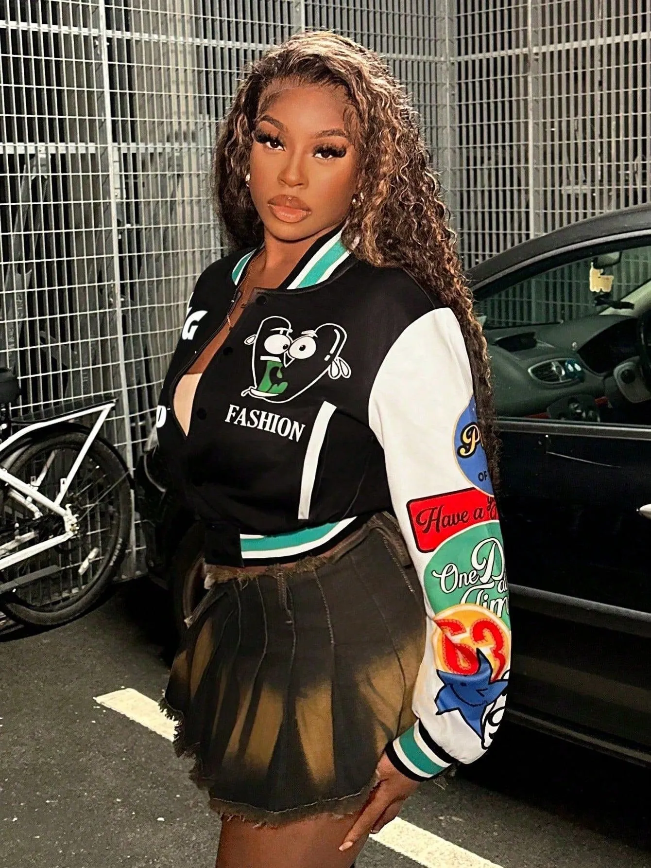 Print Pattern Color Blocking Baseball Jacket