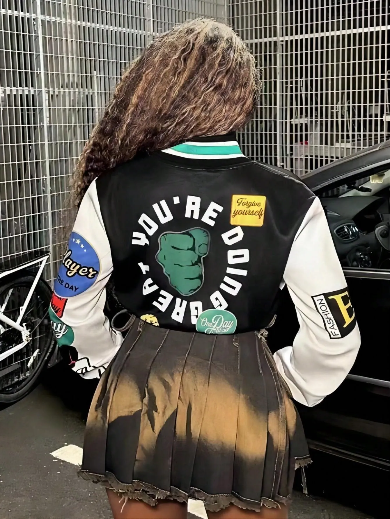Print Pattern Color Blocking Baseball Jacket