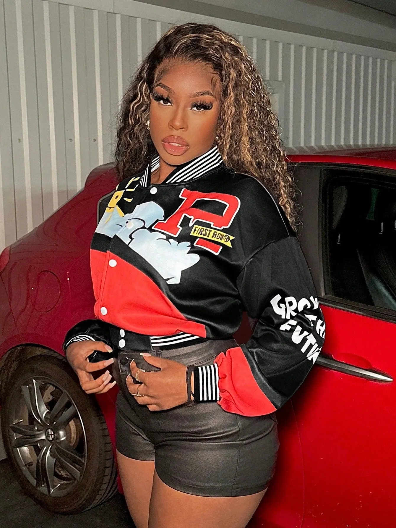 Print Pattern Color Blocking Baseball Jacket
