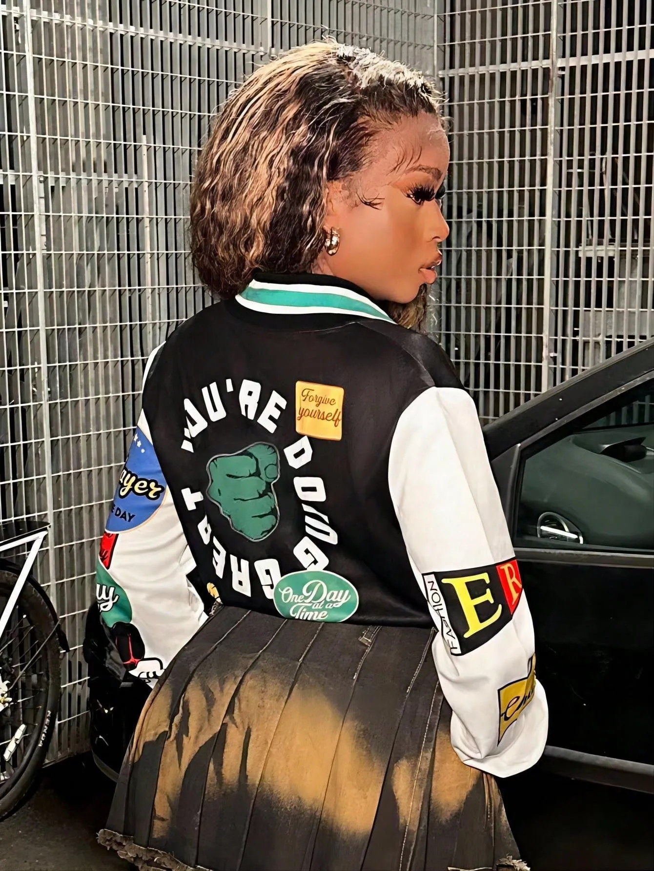 Print Pattern Color Blocking Baseball Jacket
