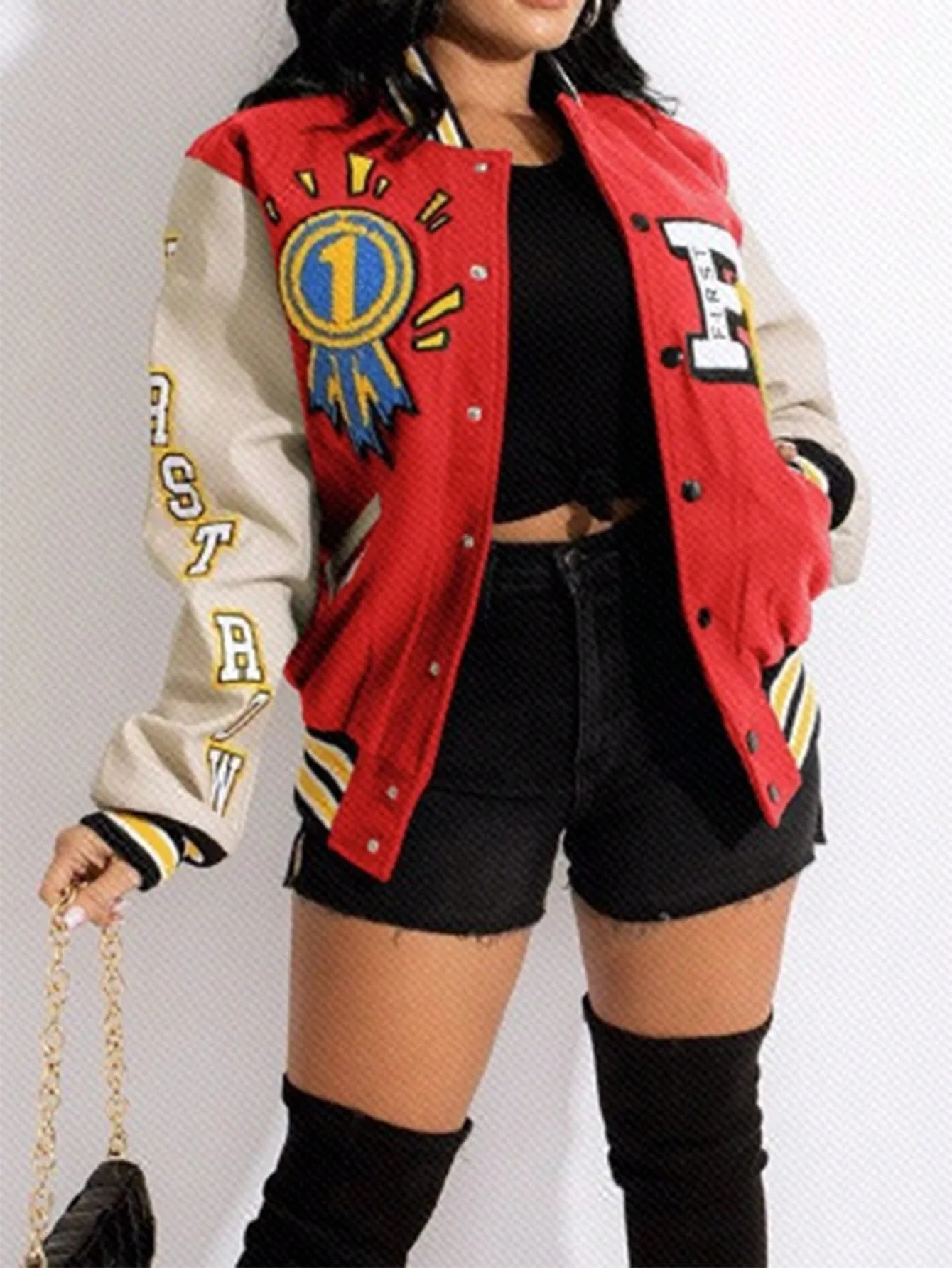 Print Pattern Color Blocking Baseball Jacket