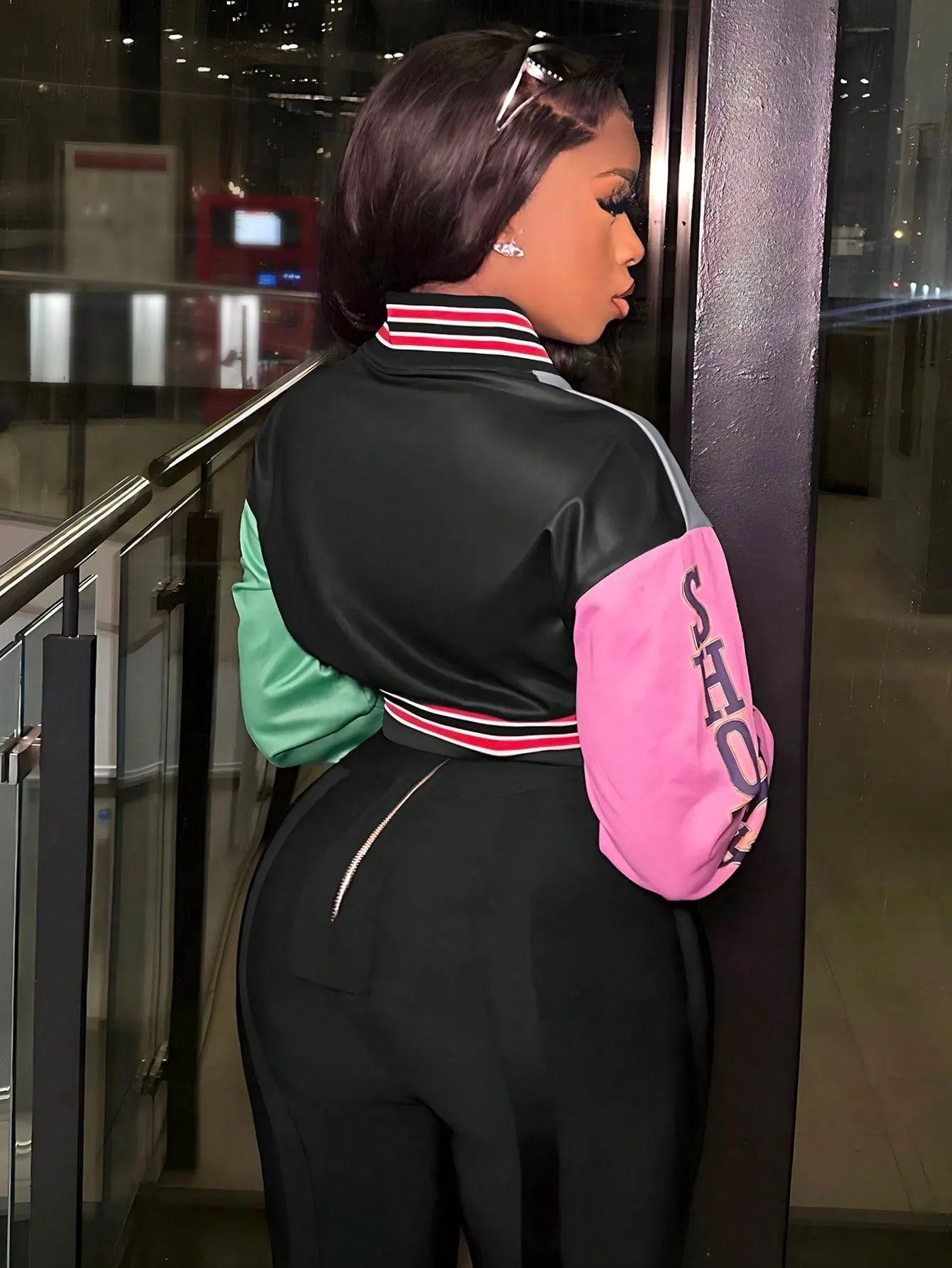 Print Pattern Color Blocking Baseball Jacket