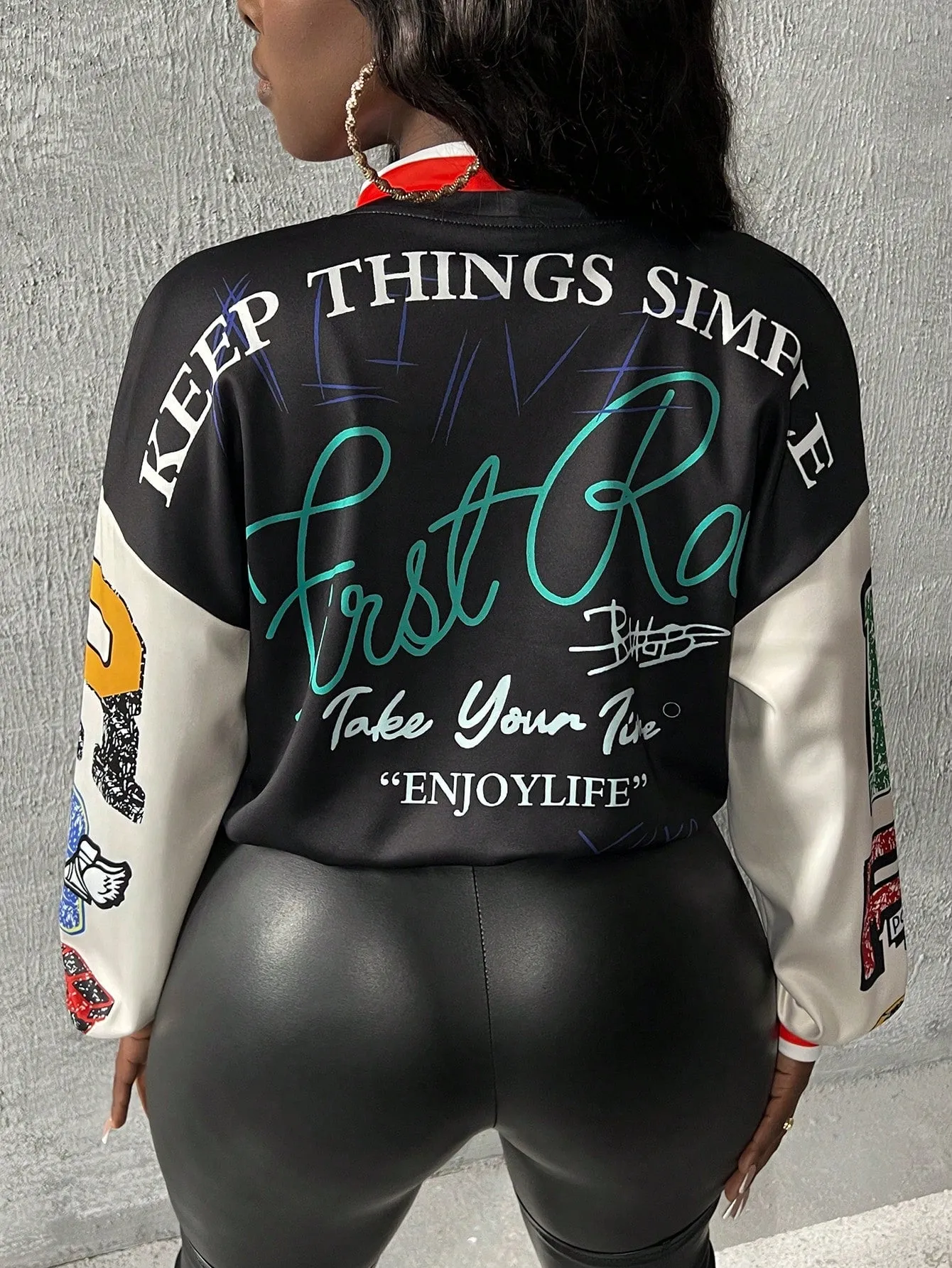 Print Pattern Color Blocking Baseball Jacket