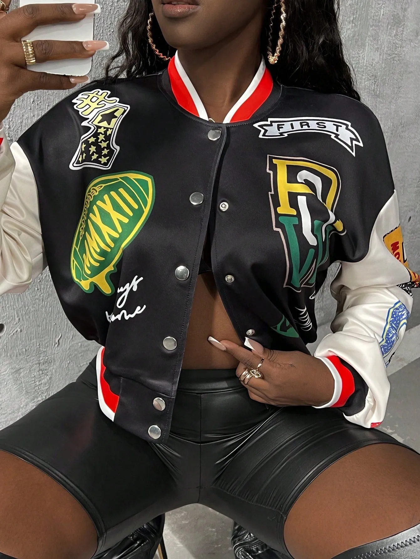 Print Pattern Color Blocking Baseball Jacket