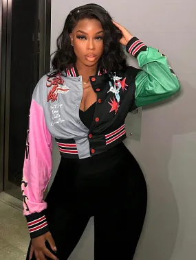 Print Pattern Color Blocking Baseball Jacket