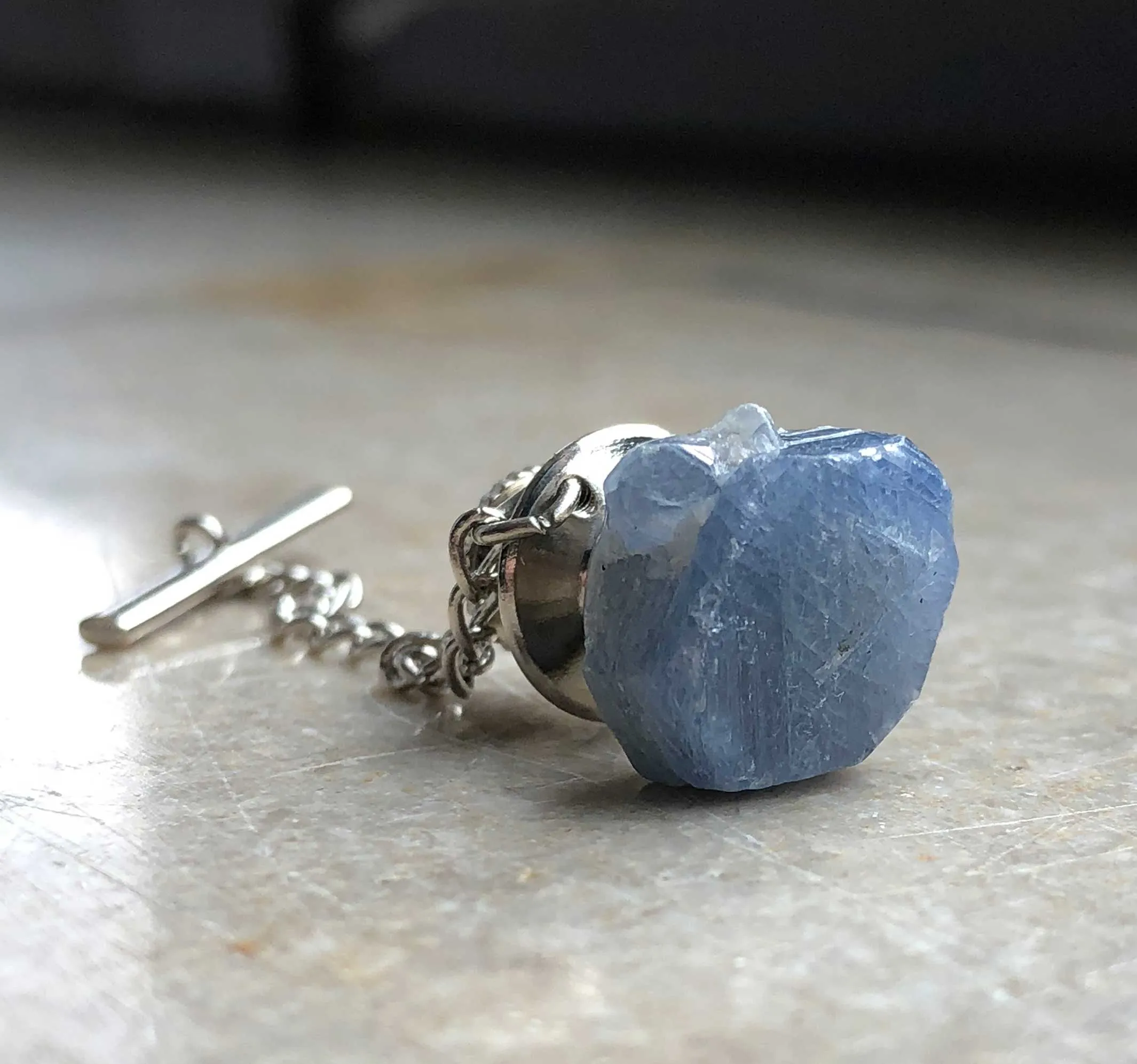 Raw Sapphire Tie Tack, blue gemstone tie pin