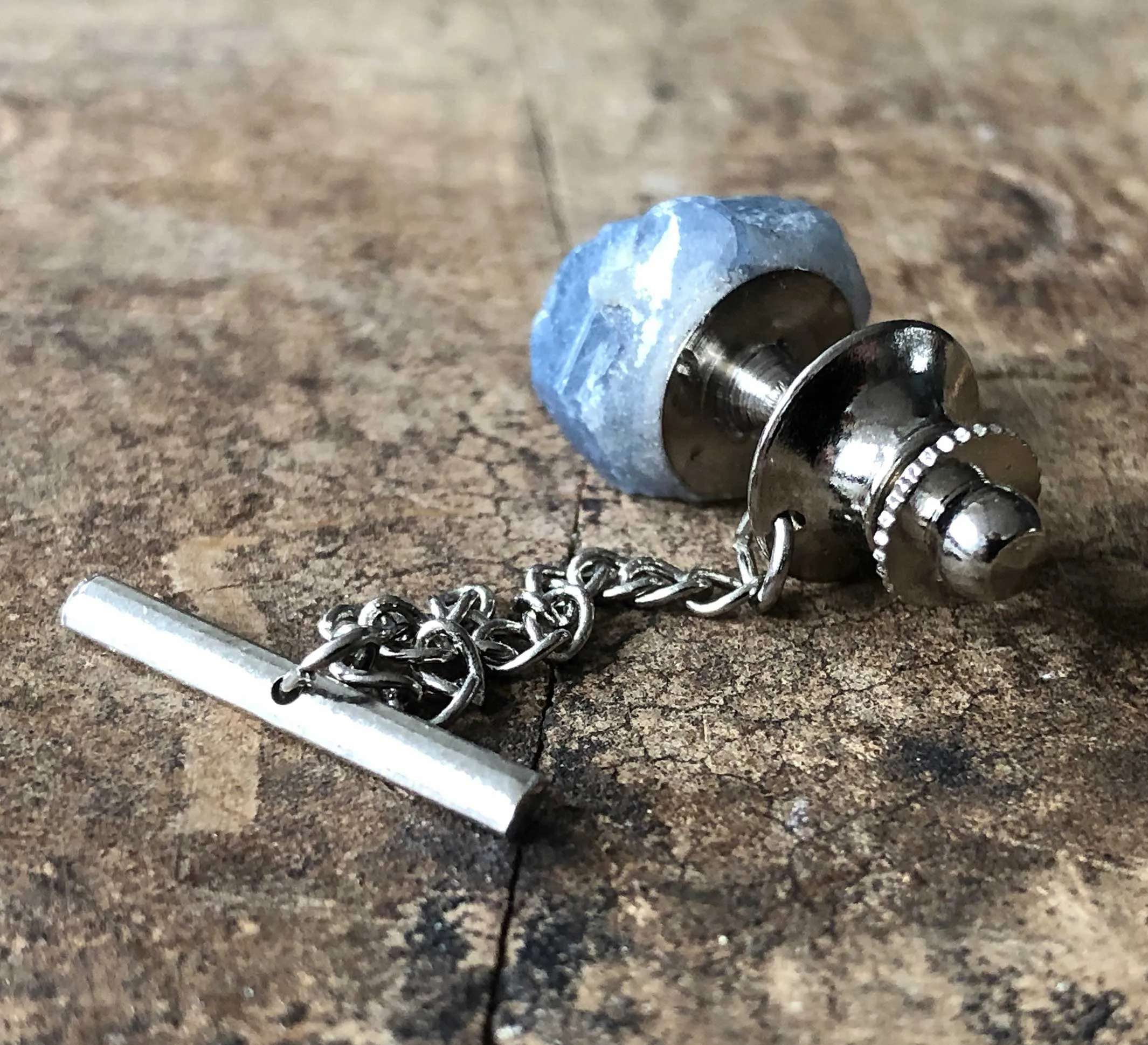 Raw Sapphire Tie Tack, blue gemstone tie pin