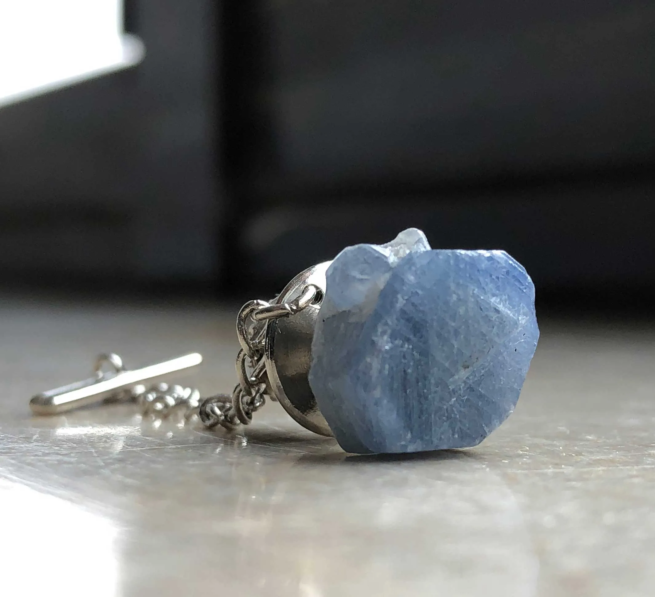Raw Sapphire Tie Tack, blue gemstone tie pin