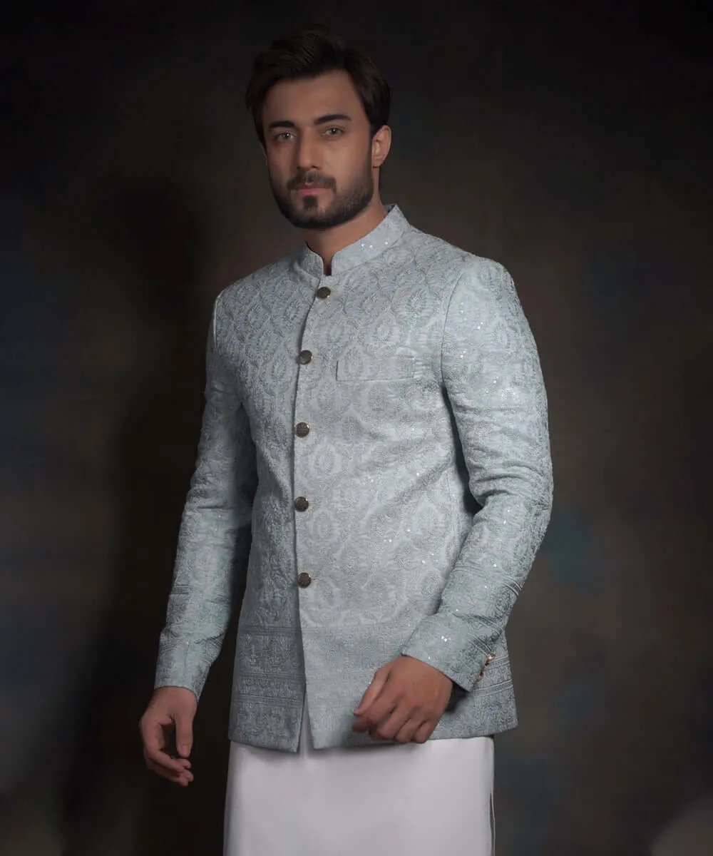 The Minimalist | Ice blue raw silk form fitted prince jacket