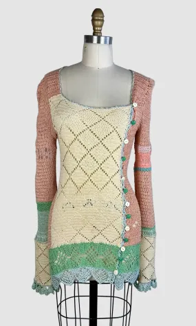 VINTAGE HANDMADE CROCHET 60s Long Sleeve Mini Dress • Size Small
