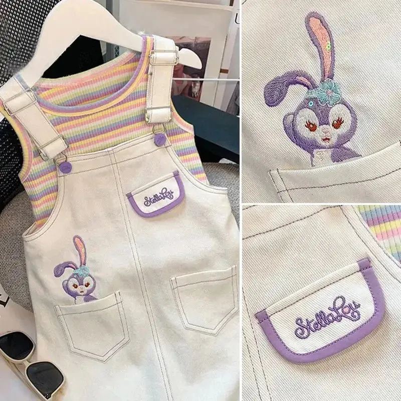 White Denim Dungaree Dress Set with Pastel Stripey Vest for Girls